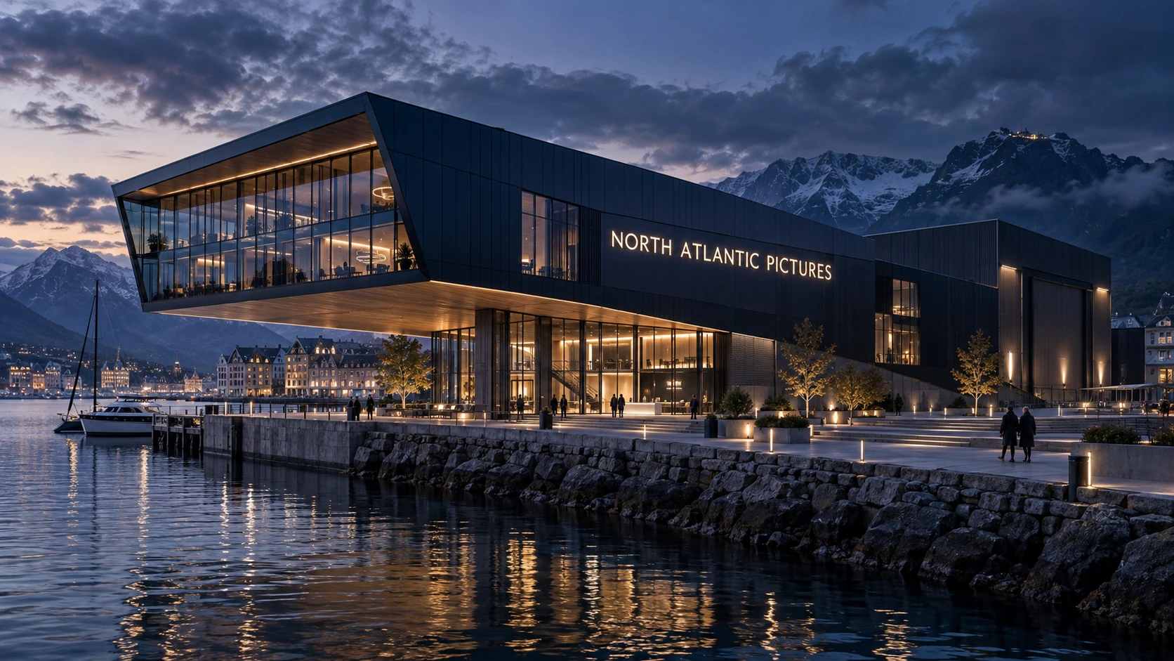 Konseptillustrasjon av et fremtidig North Atlantic Pictures-studio ved sjøen i Ålesund.