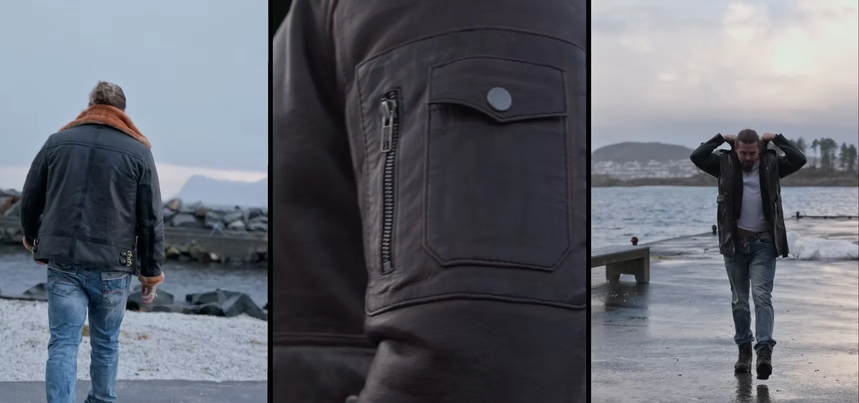 Detalj av en skinnjakke i varmt kveldslys, fra Rockdenim-porteføljen.